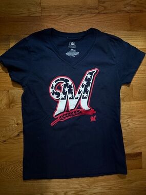 Genuine Merchandise Women's Navy Short Sleeve Tee with Red & White Graphic